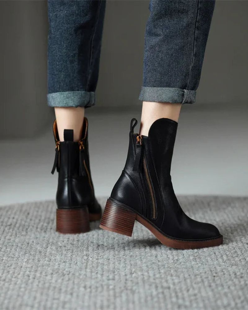 Damen Lederstiefel quadratischer Absatz rutschfest bequem elegant vielseitig