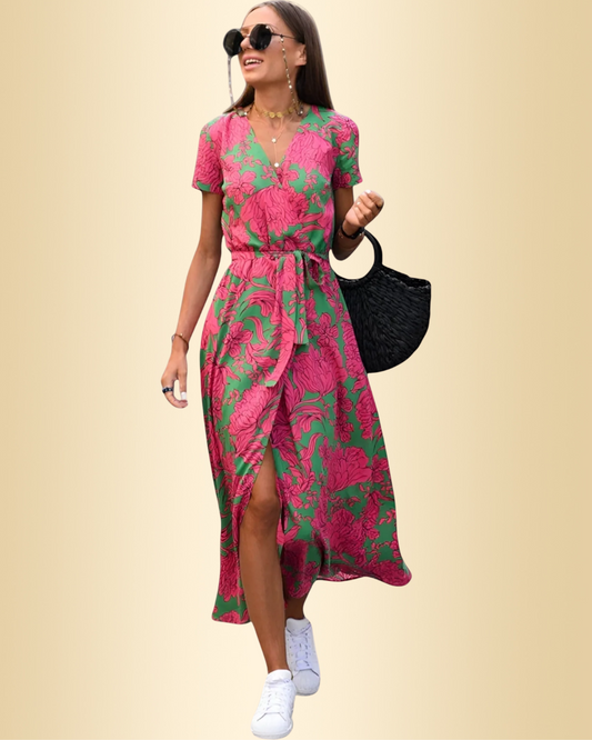 Damen Wickelkleid Blumenmuster kurzarm tailliert fließende Passform für Alltag und Abend