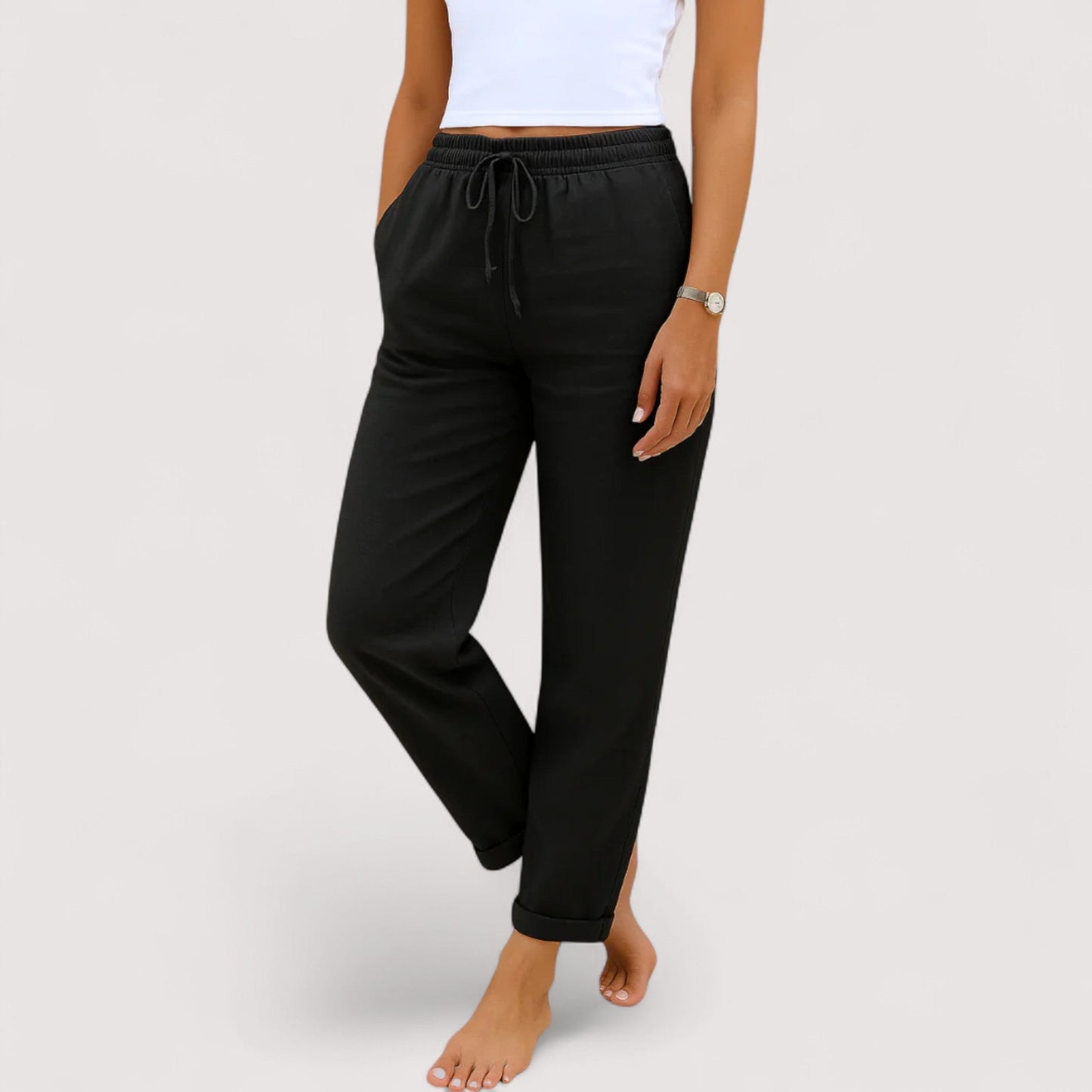 Damen Hose Regular Fit Weit Bein Leinen Baumwollmix Casual Elegant Alltag Leicht Komfort