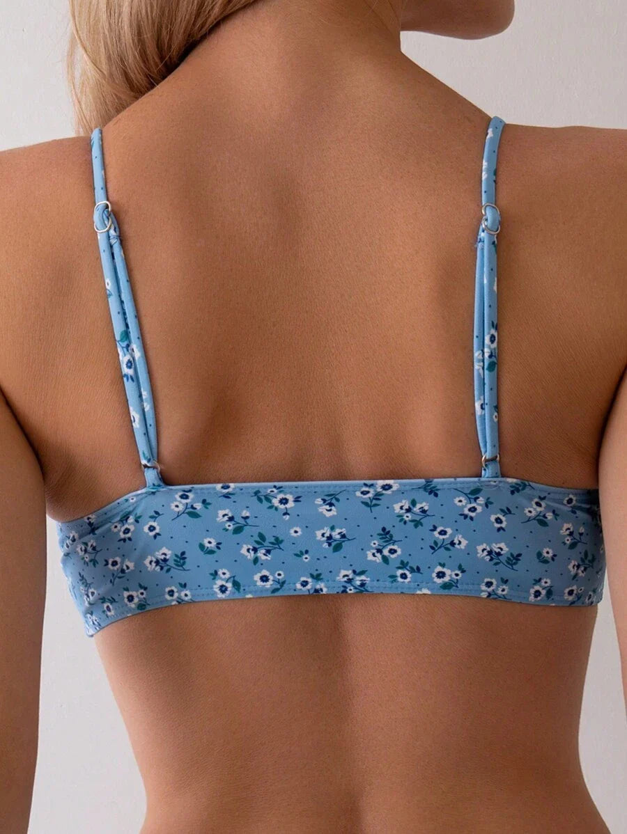 Damen Bikini Zweiteiler Weiß floral High Waist bügellos elastisch