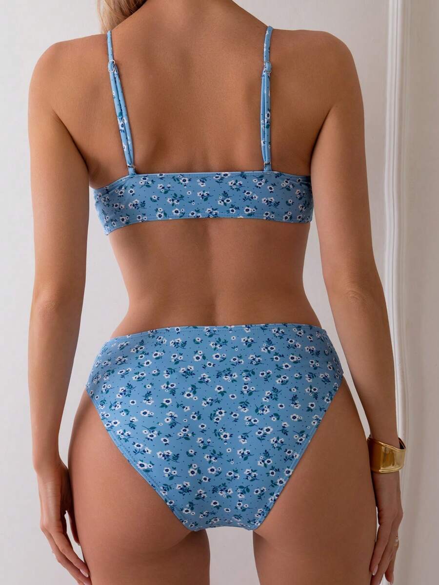 Damen Bikini Zweiteiler Weiß floral High Waist bügellos elastisch