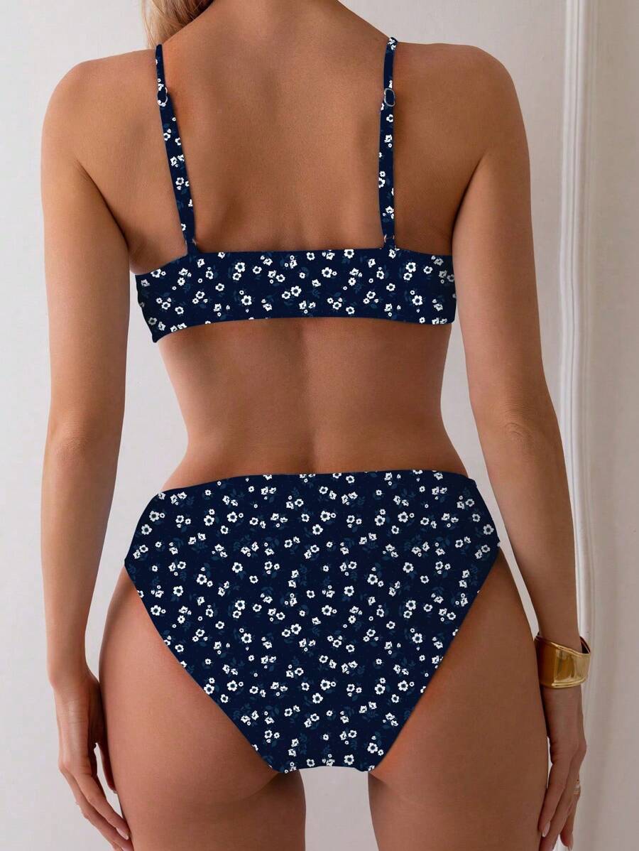 Damen Bikini Zweiteiler Weiß floral High Waist bügellos elastisch
