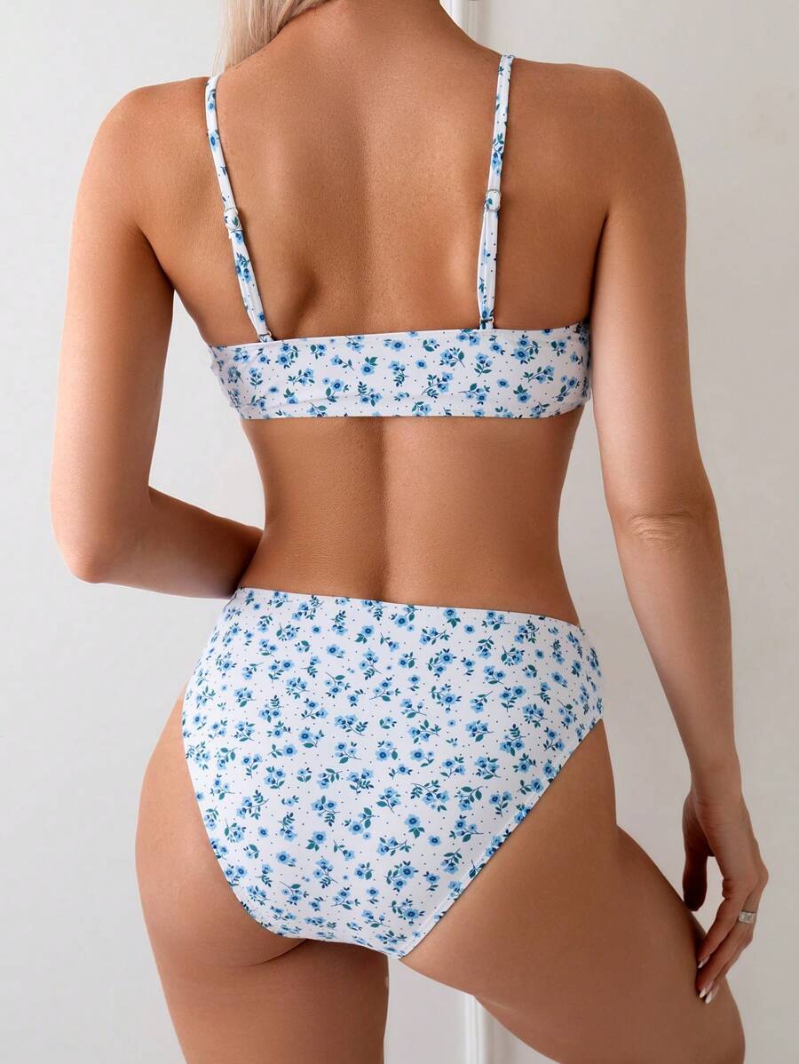 Damen Bikini Zweiteiler Weiß floral High Waist bügellos elastisch