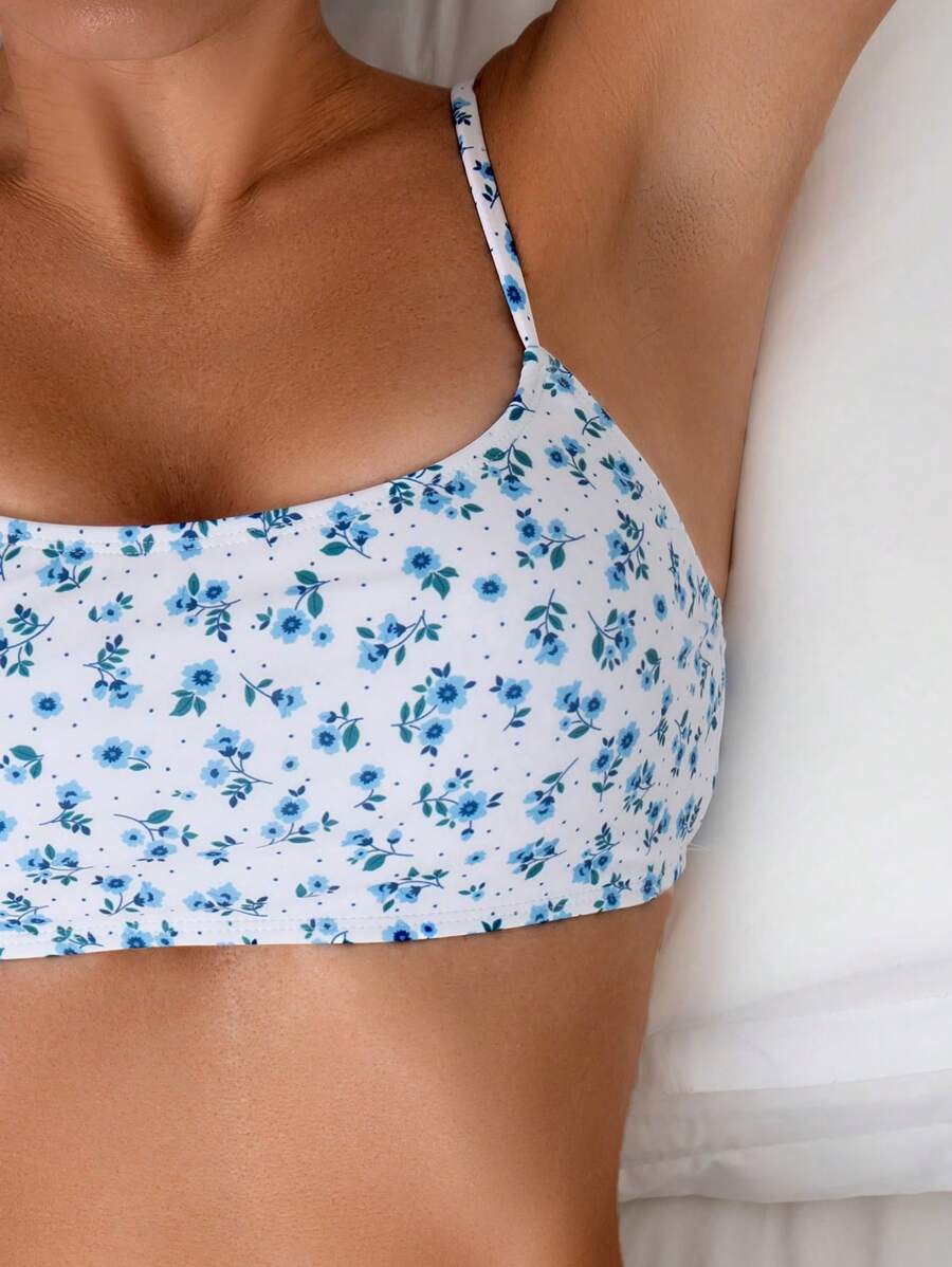 Damen Bikini Zweiteiler Weiß floral High Waist bügellos elastisch
