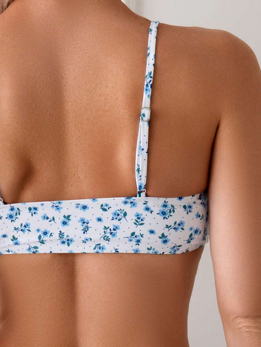 Damen Bikini Zweiteiler Weiß floral High Waist bügellos elastisch