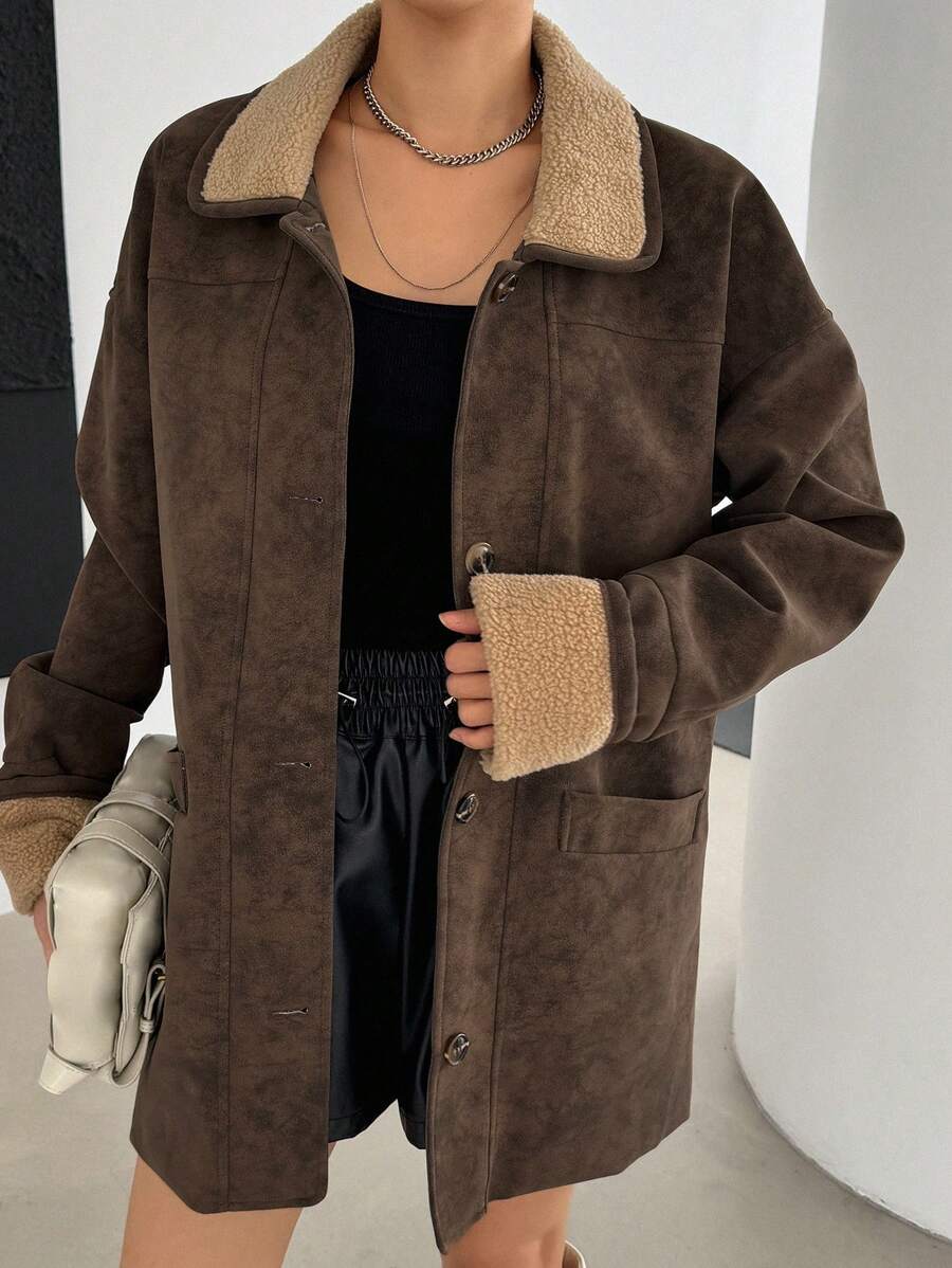 Damen Wildleder Lederjacke PU Sherpa Futter braun langarm loose fit Knopfleiste Jacke
