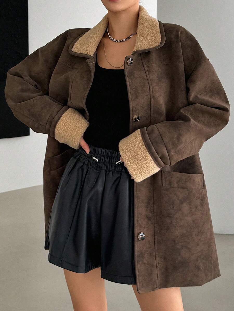 Damen Wildleder Lederjacke PU Sherpa Futter braun langarm loose fit Knopfleiste Jacke