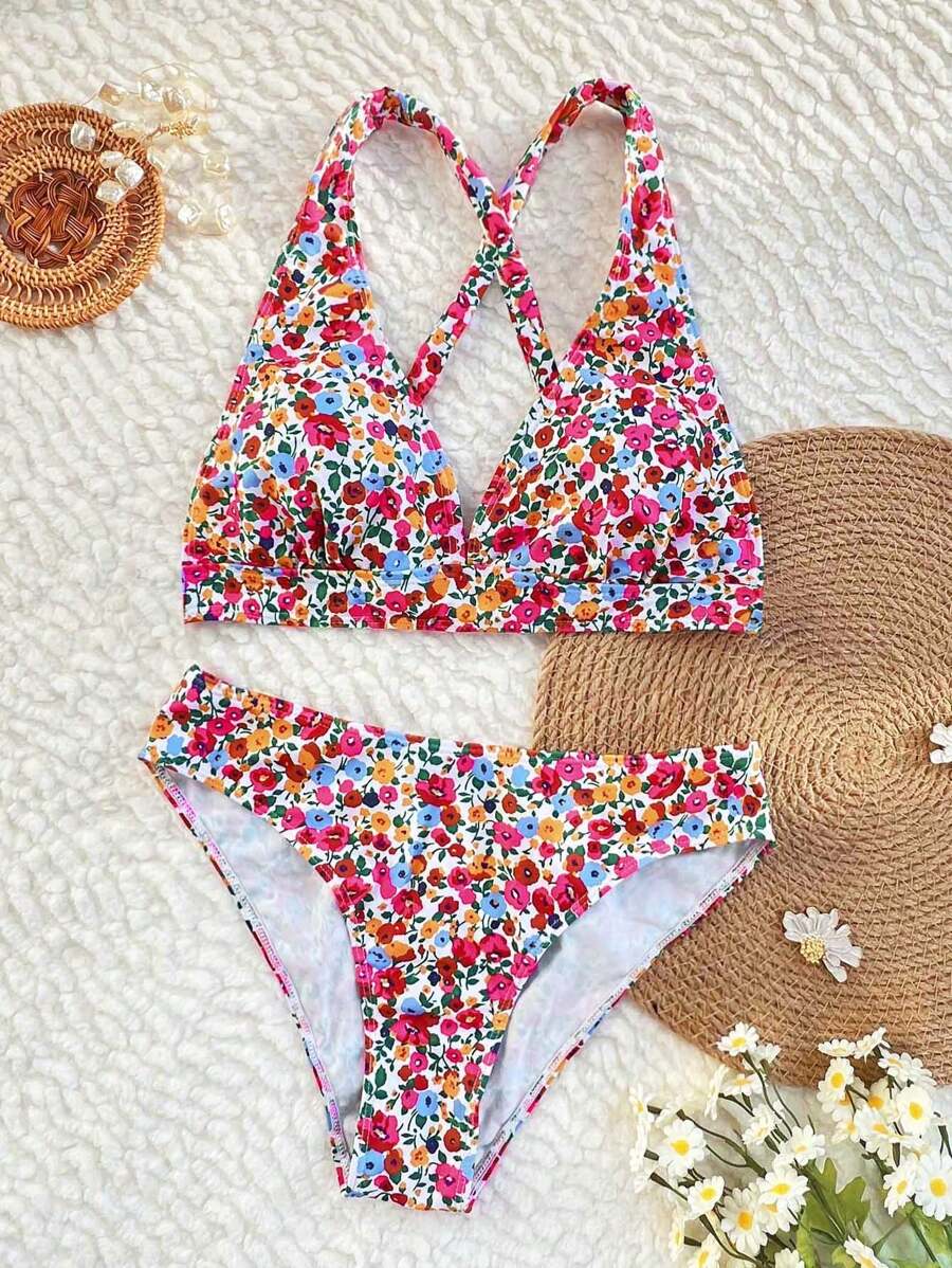 Damen Bikini Zweiteiler floral Halterneck V-Ausschnitt bügellos gepolstert