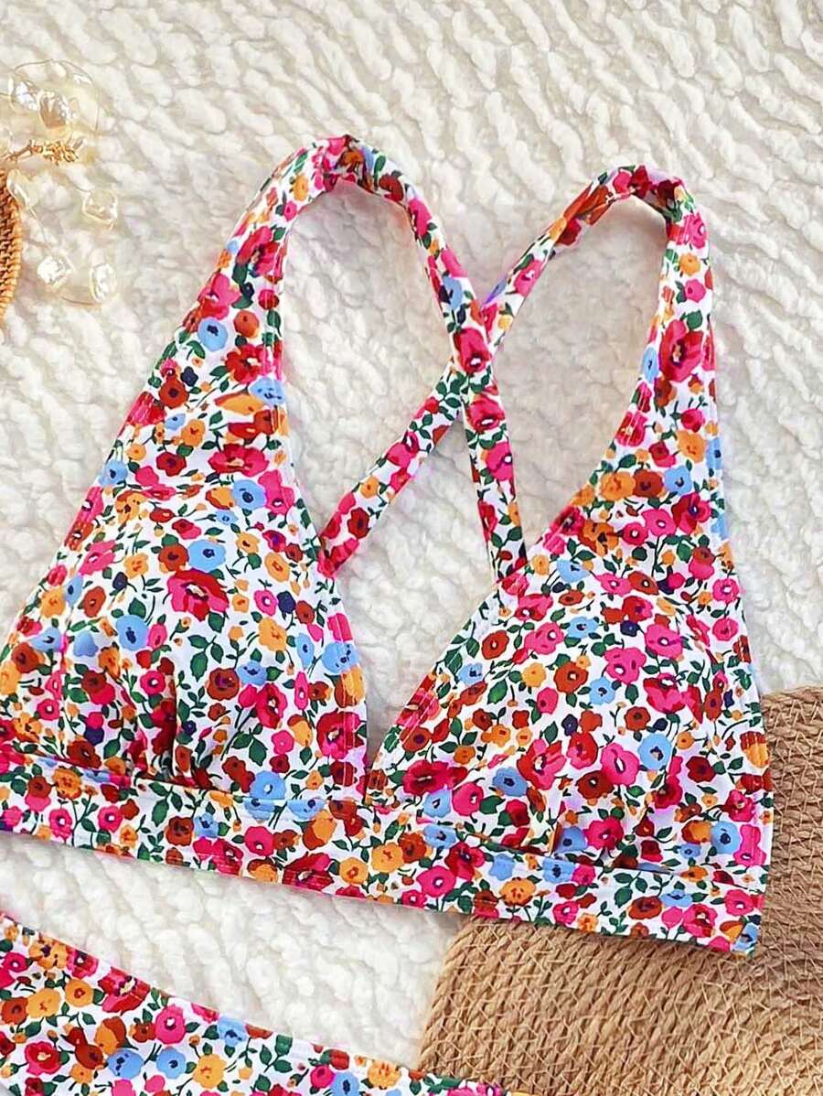 Damen Bikini Zweiteiler floral Halterneck V-Ausschnitt bügellos gepolstert