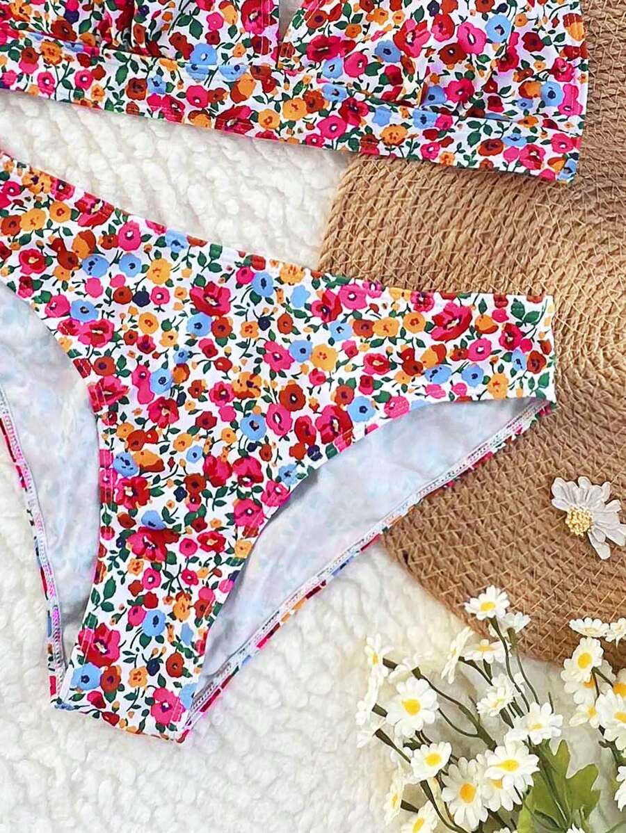 Damen Bikini Zweiteiler floral Halterneck V-Ausschnitt bügellos gepolstert