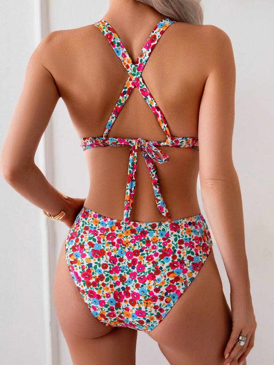 Damen Bikini Zweiteiler floral Halterneck V-Ausschnitt bügellos gepolstert