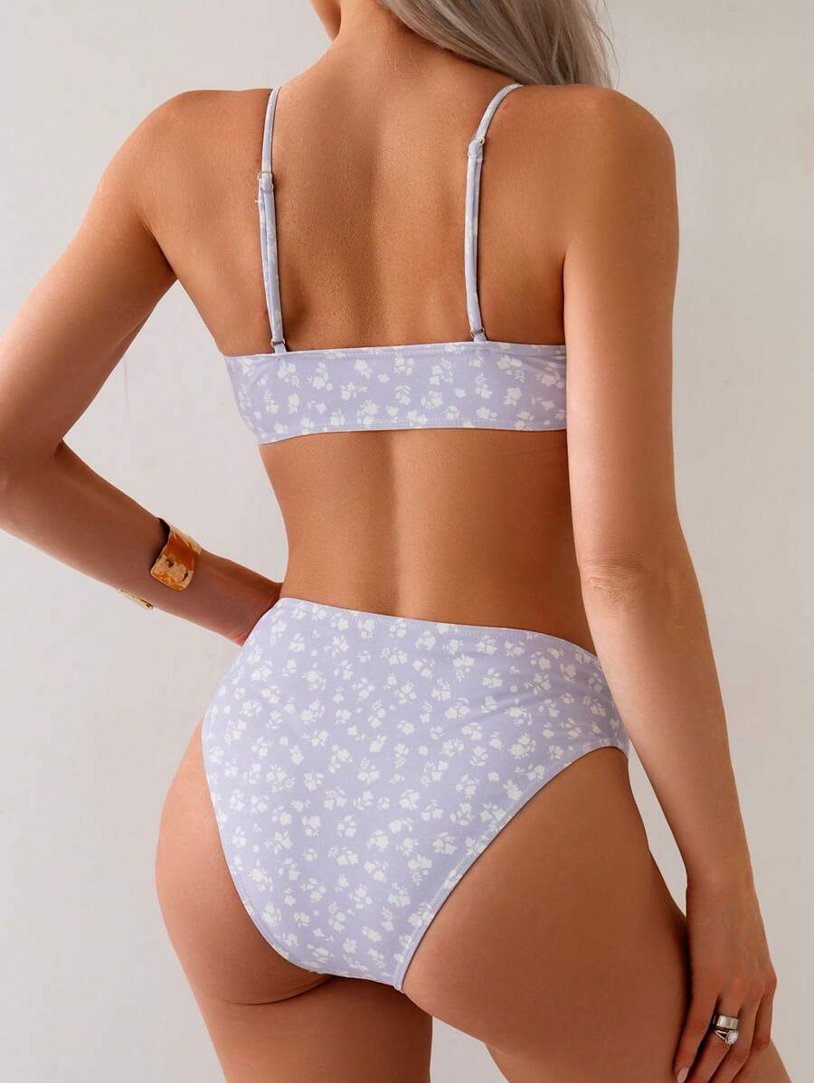 Damen Bikini Zweiteiler Weiß floral High Waist bügellos elastisch