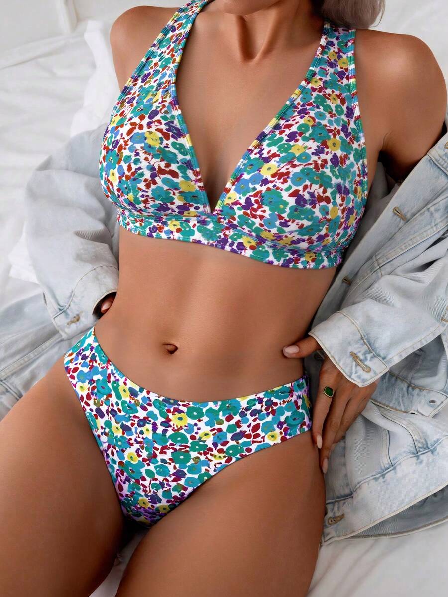 Damen Bikini Zweiteiler floral Halterneck V-Ausschnitt bügellos gepolstert