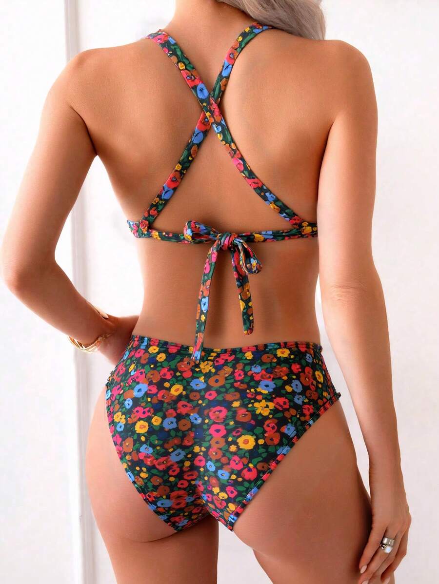 Damen Bikini Zweiteiler floral Halterneck V-Ausschnitt bügellos gepolstert