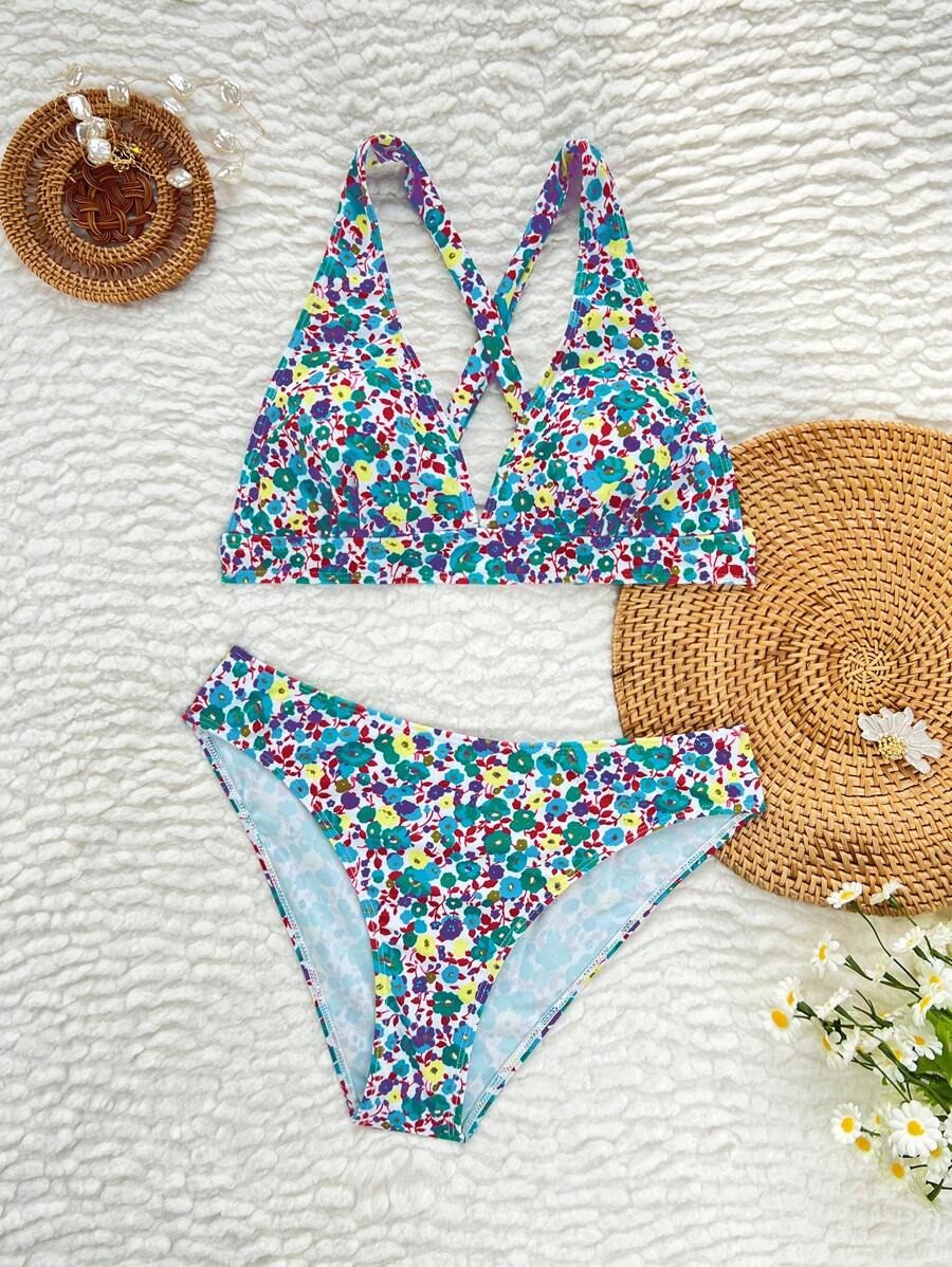 Damen Bikini Zweiteiler floral Halterneck V-Ausschnitt bügellos gepolstert