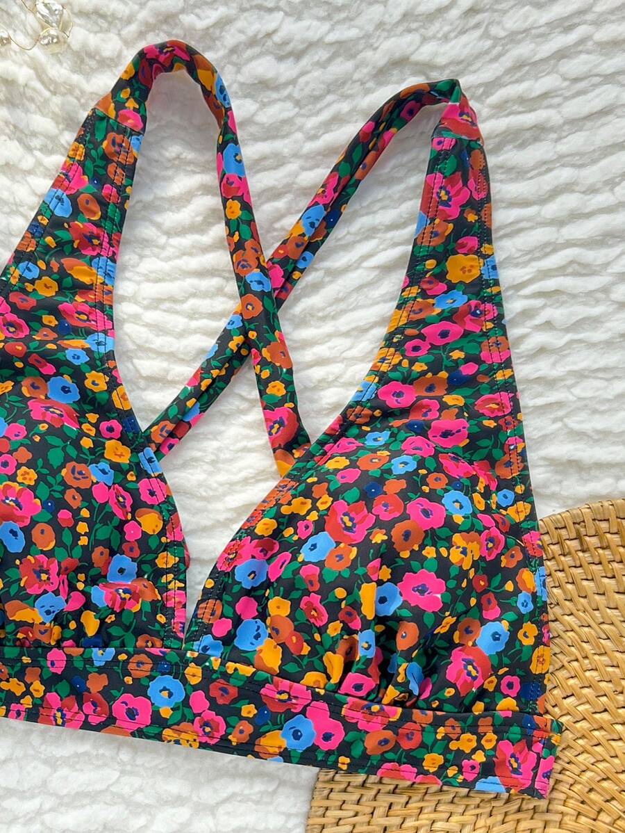 Damen Bikini Zweiteiler floral Halterneck V-Ausschnitt bügellos gepolstert