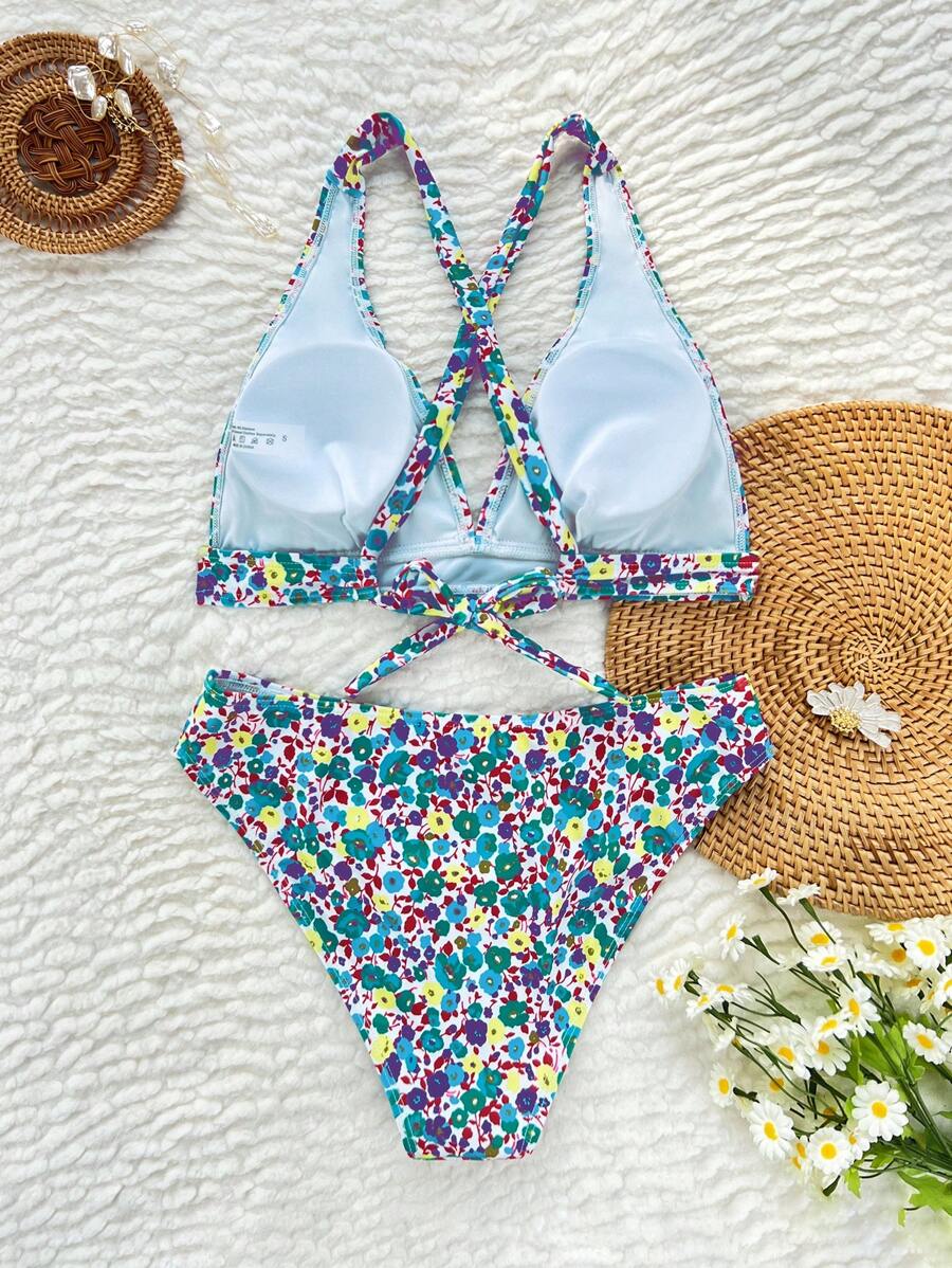 Damen Bikini Zweiteiler floral Halterneck V-Ausschnitt bügellos gepolstert