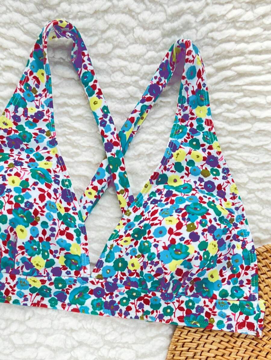 Damen Bikini Zweiteiler floral Halterneck V-Ausschnitt bügellos gepolstert