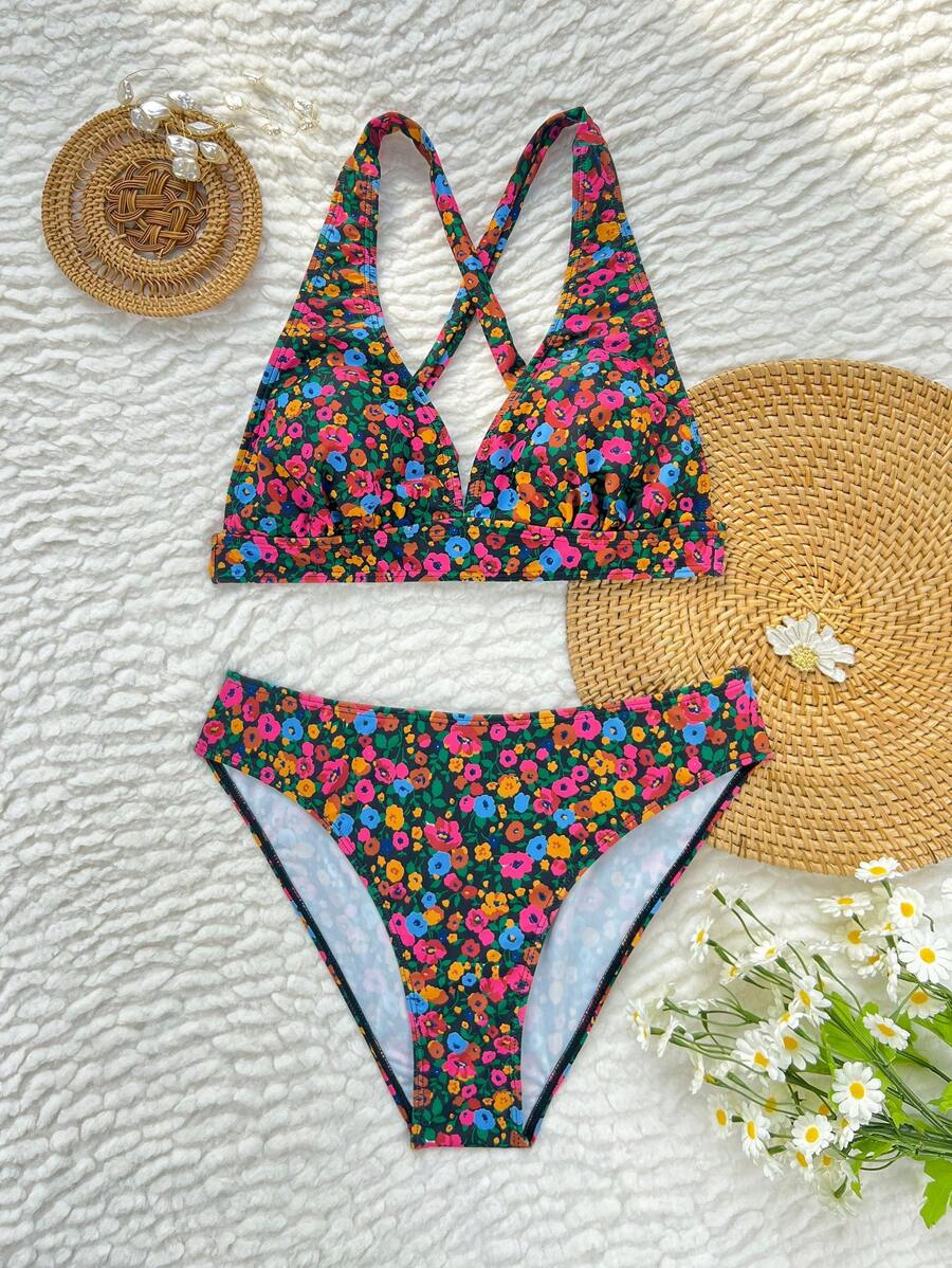 Damen Bikini Zweiteiler floral Halterneck V-Ausschnitt bügellos gepolstert