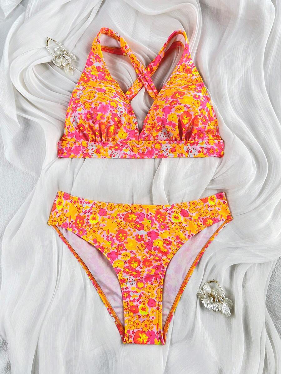 Damen Bikini Zweiteiler floral Halterneck V-Ausschnitt bügellos gepolstert