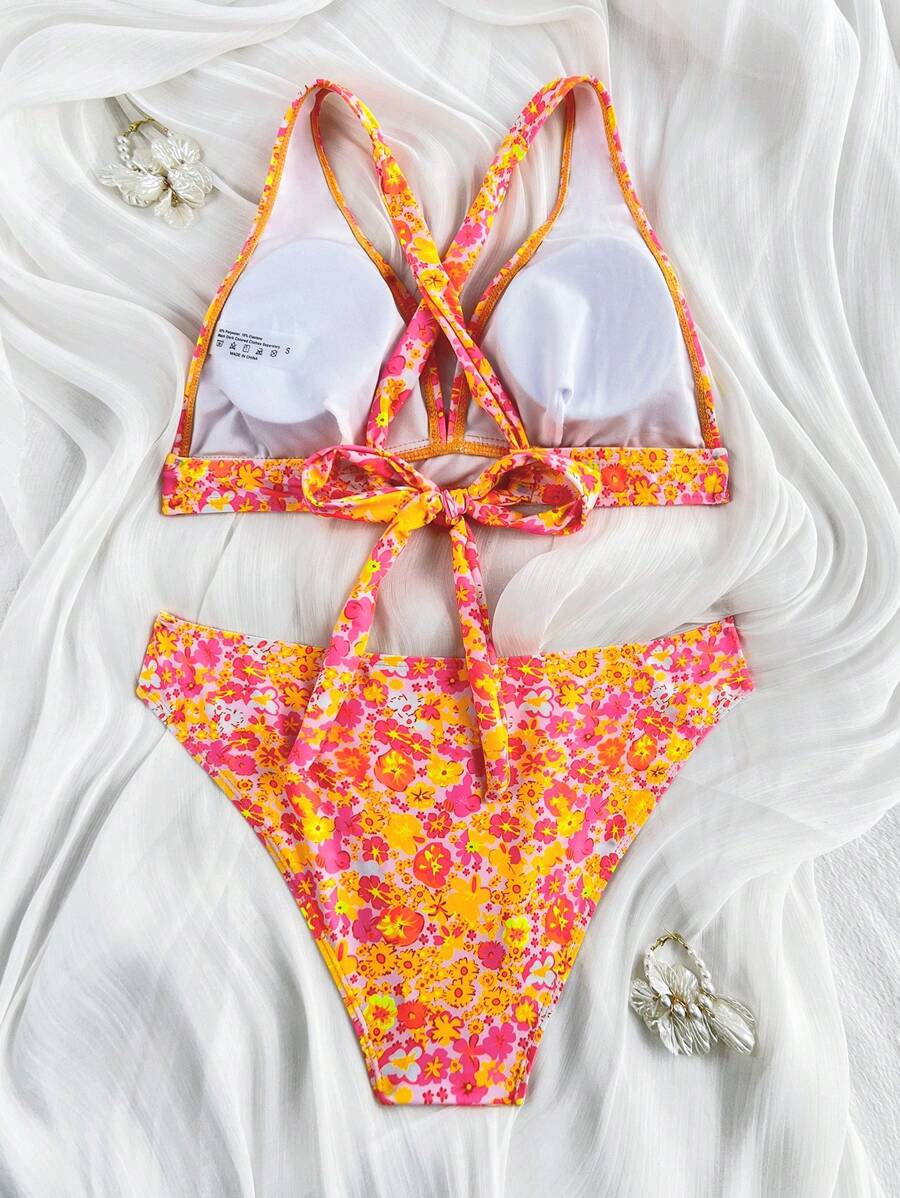 Damen Bikini Zweiteiler floral Halterneck V-Ausschnitt bügellos gepolstert