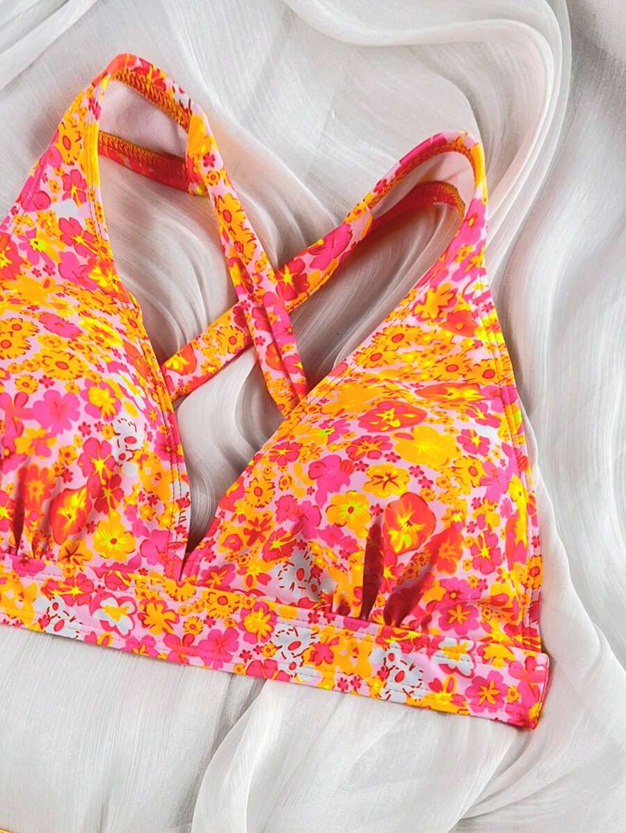 Damen Bikini Zweiteiler floral Halterneck V-Ausschnitt bügellos gepolstert