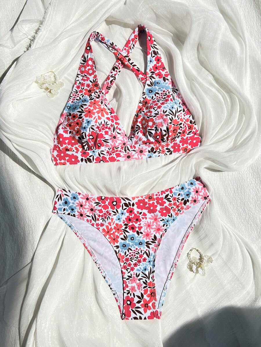 Damen Bikini Zweiteiler floral Halterneck V-Ausschnitt bügellos gepolstert