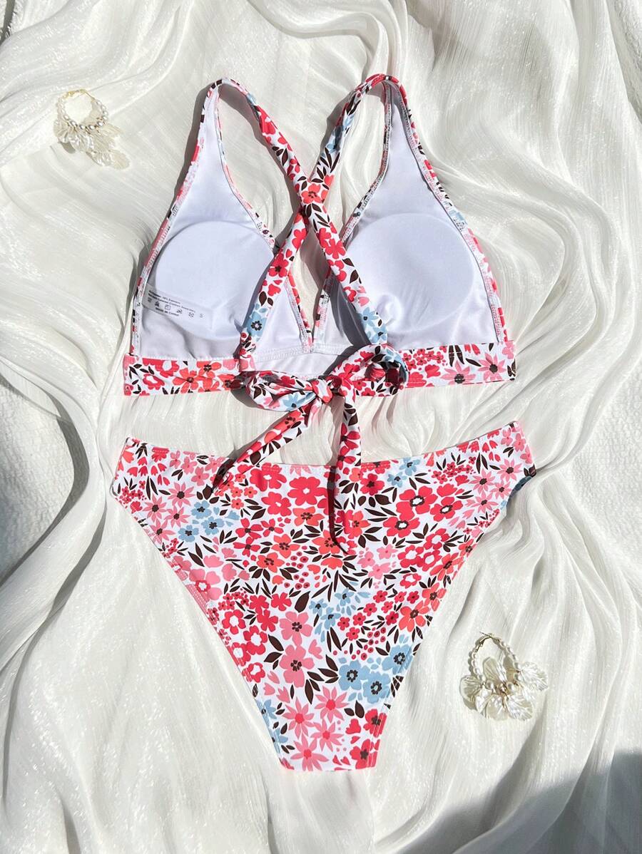 Damen Bikini Zweiteiler floral Halterneck V-Ausschnitt bügellos gepolstert