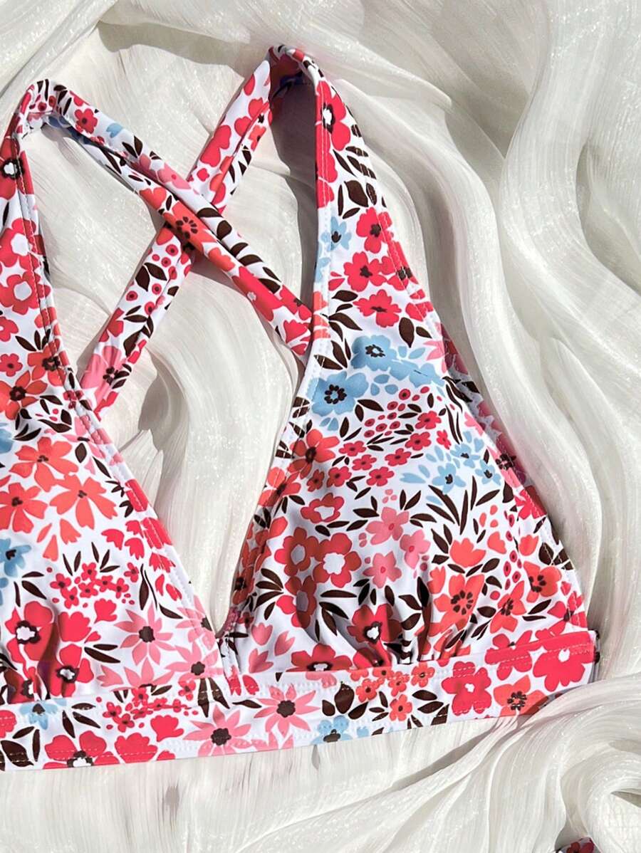 Damen Bikini Zweiteiler floral Halterneck V-Ausschnitt bügellos gepolstert