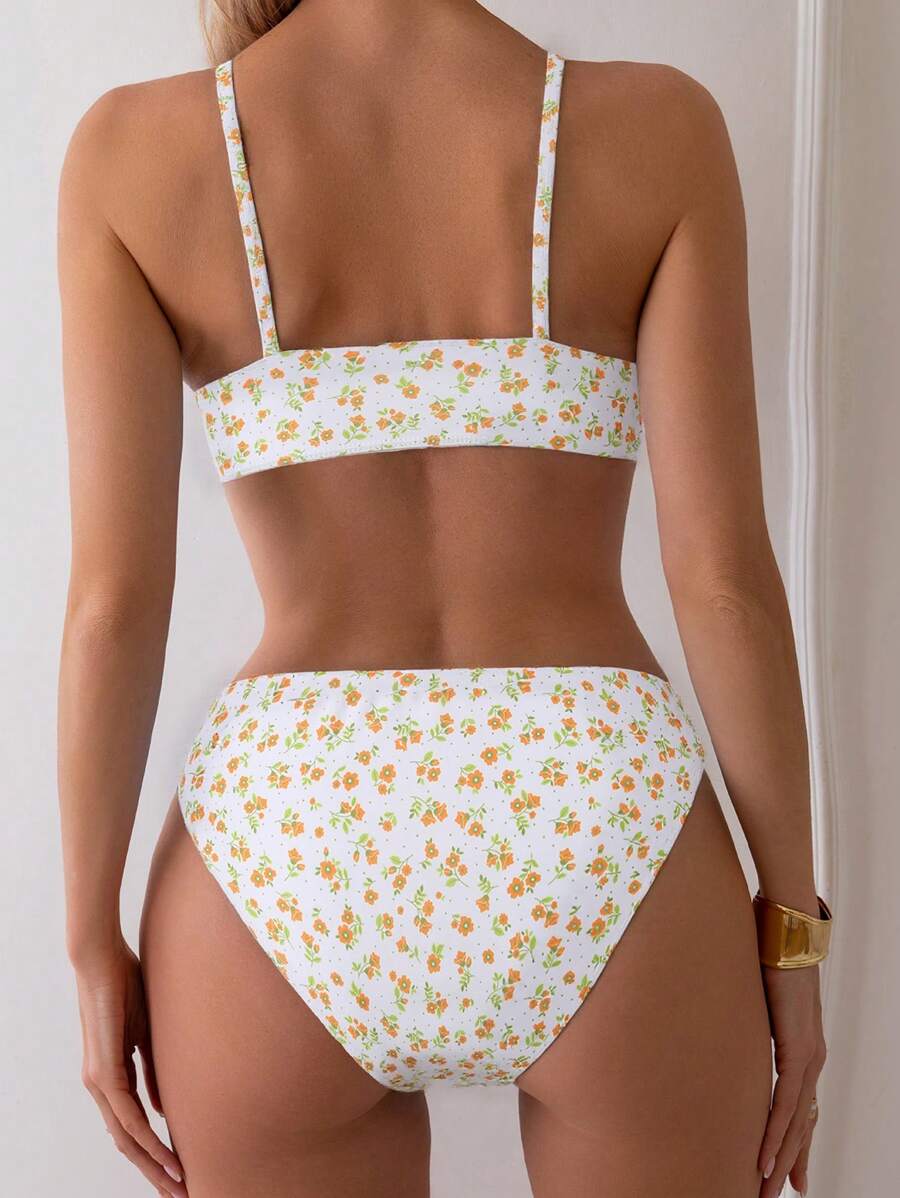 Damen Bikini Zweiteiler Weiß floral High Waist bügellos elastisch