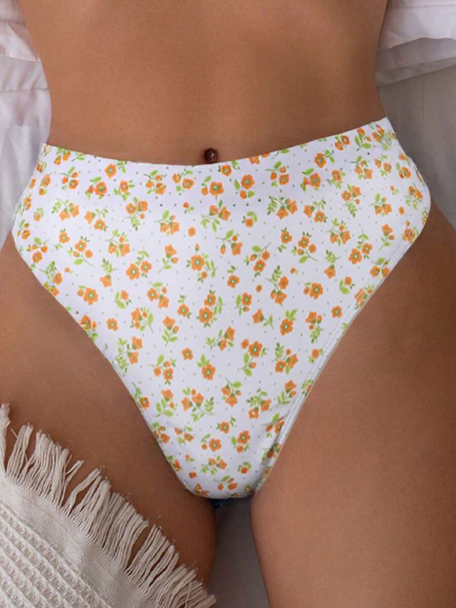Damen Bikini Zweiteiler Weiß floral High Waist bügellos elastisch
