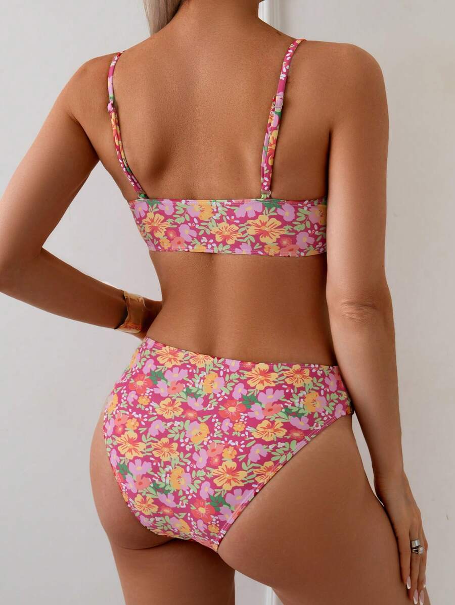Damen Bikini Zweiteiler Weiß floral High Waist bügellos elastisch