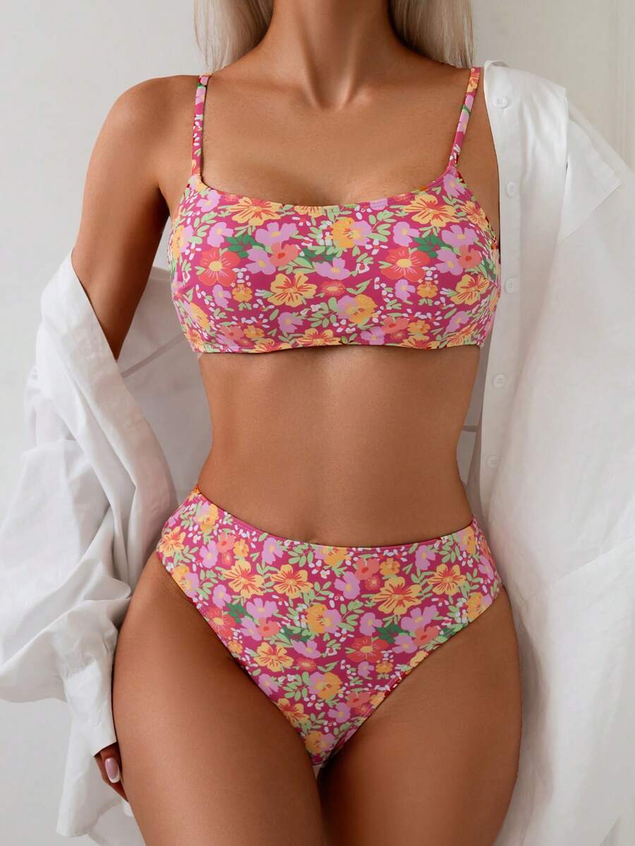 Damen Bikini Zweiteiler Weiß floral High Waist bügellos elastisch