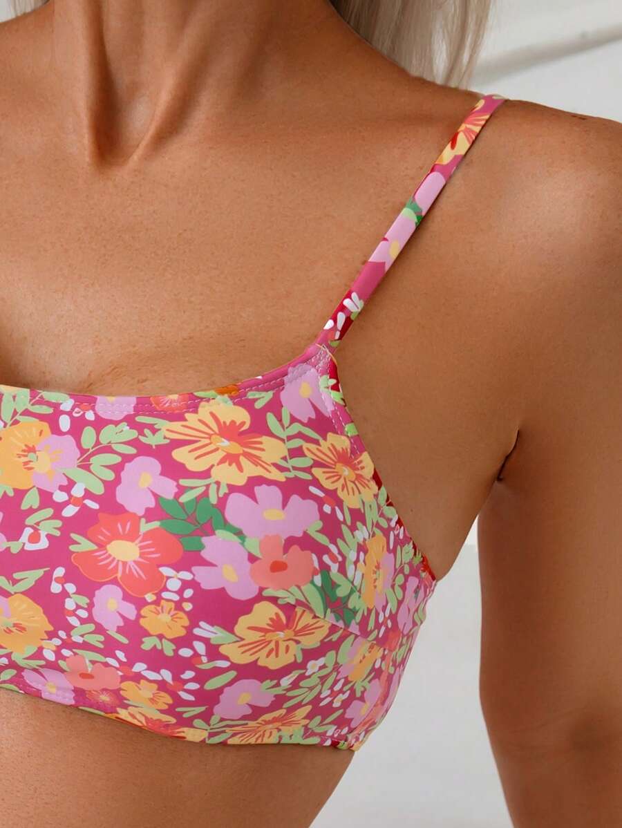 Damen Bikini Zweiteiler Weiß floral High Waist bügellos elastisch