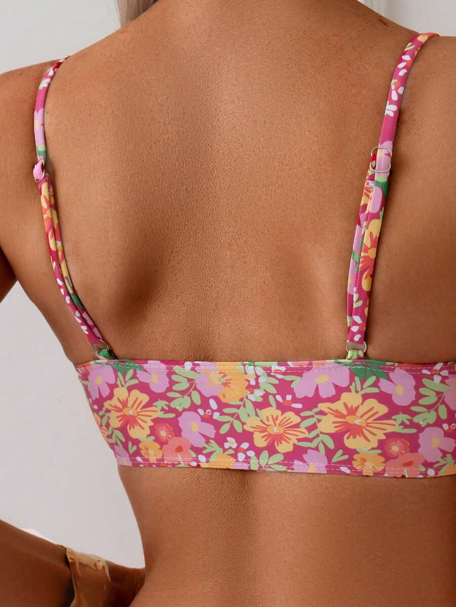 Damen Bikini Zweiteiler Weiß floral High Waist bügellos elastisch