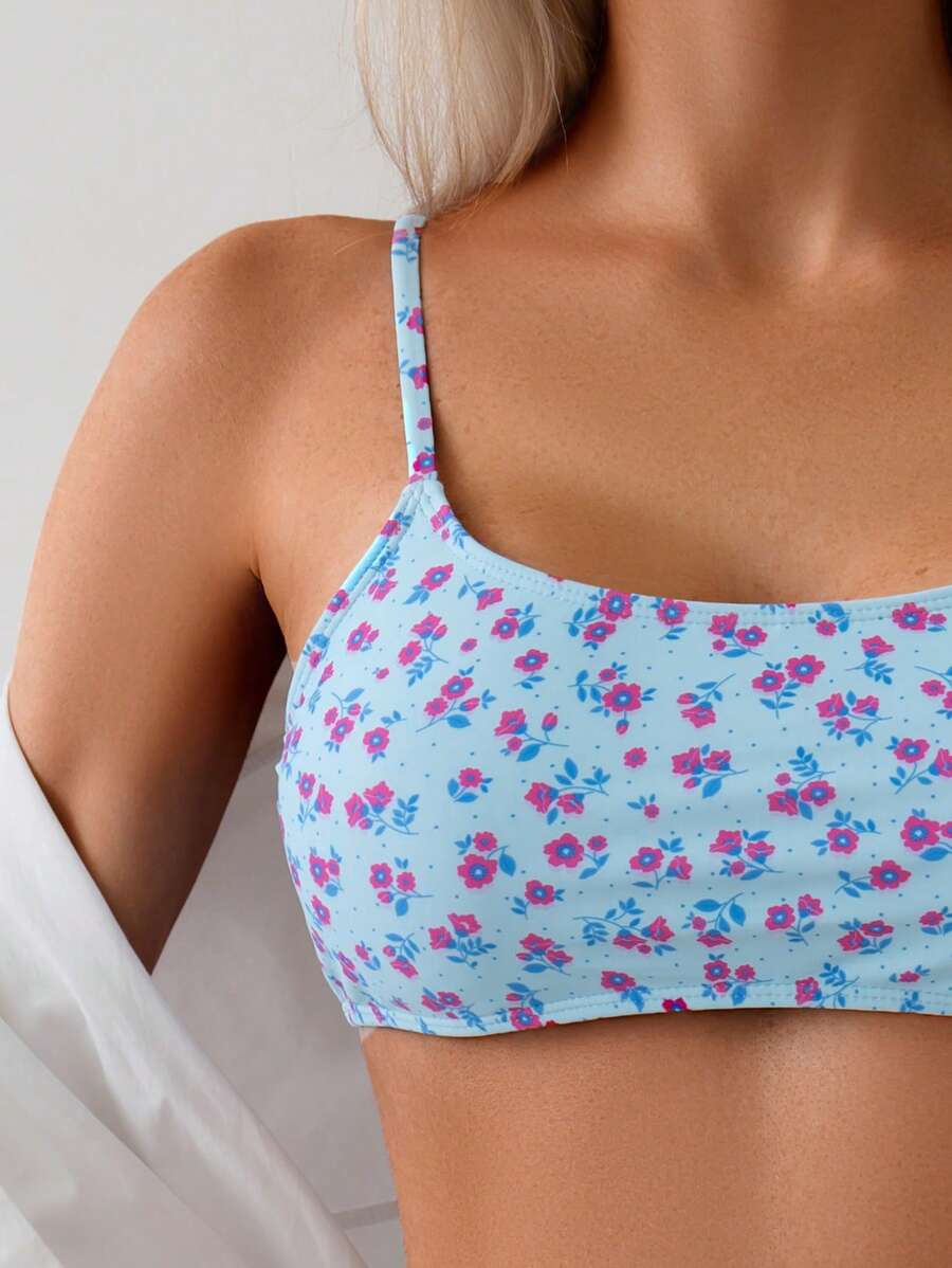 Damen Bikini Zweiteiler Weiß floral High Waist bügellos elastisch