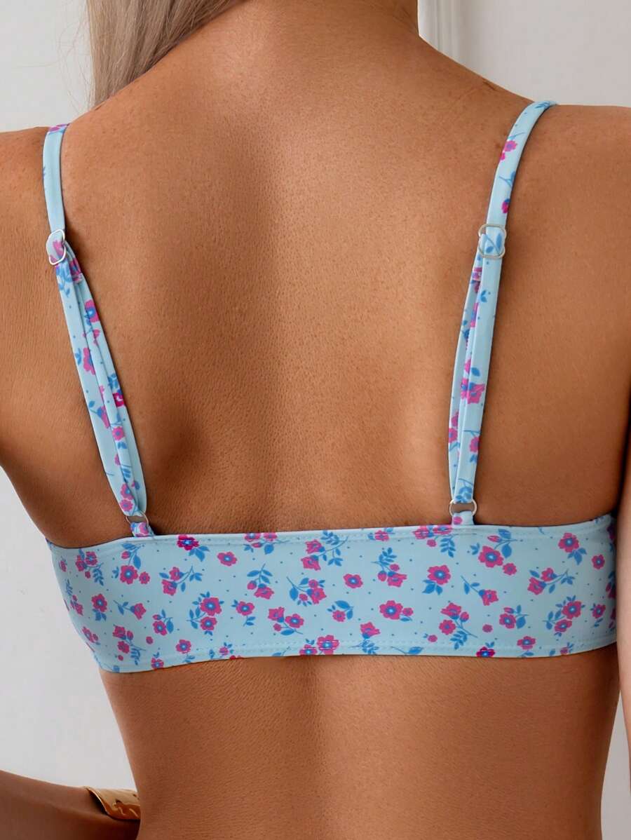 Damen Bikini Zweiteiler Weiß floral High Waist bügellos elastisch