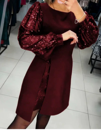 Damenkleid Pailletten ärmellos asymmetrisch schlank elegant Langarm