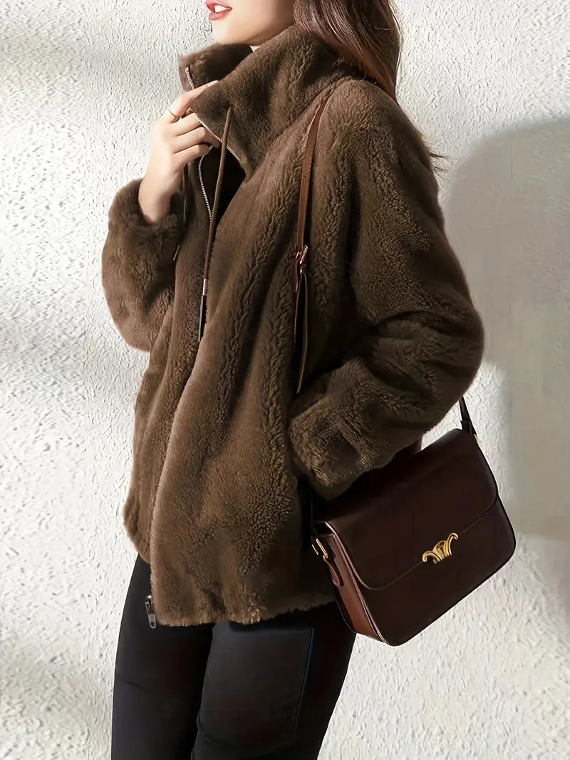 Damen Fleecejacke Warm Stehkragen Kordelzug Regular Fit Weich Freizeit Übergang