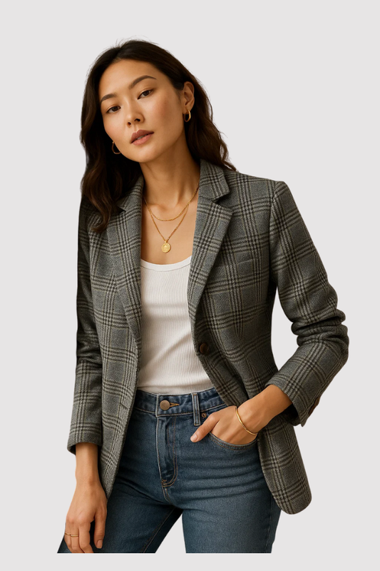 Damen Blazer Kariert Lang Lockerer Schnitt Casual Elegant Leicht Übergang