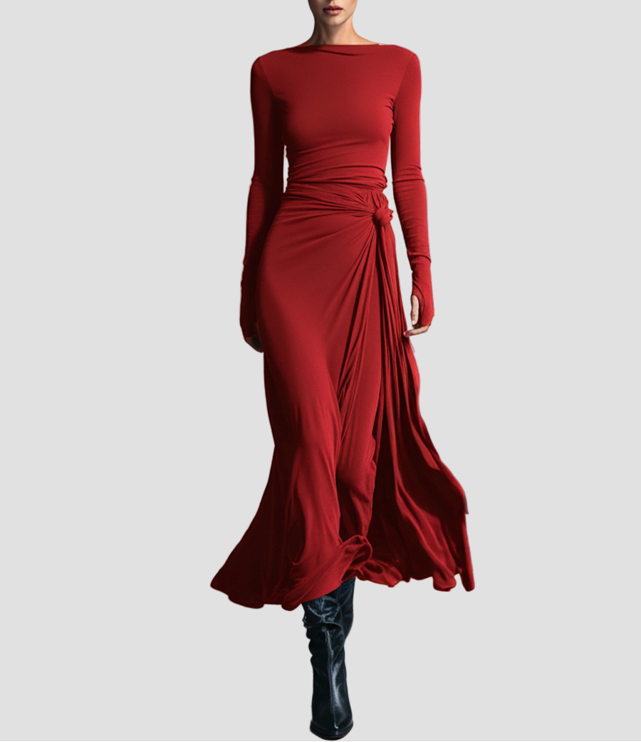 Damen Wickelstresskleid grau elastisches Langarm Figur seitliche Knoten Winterkleid