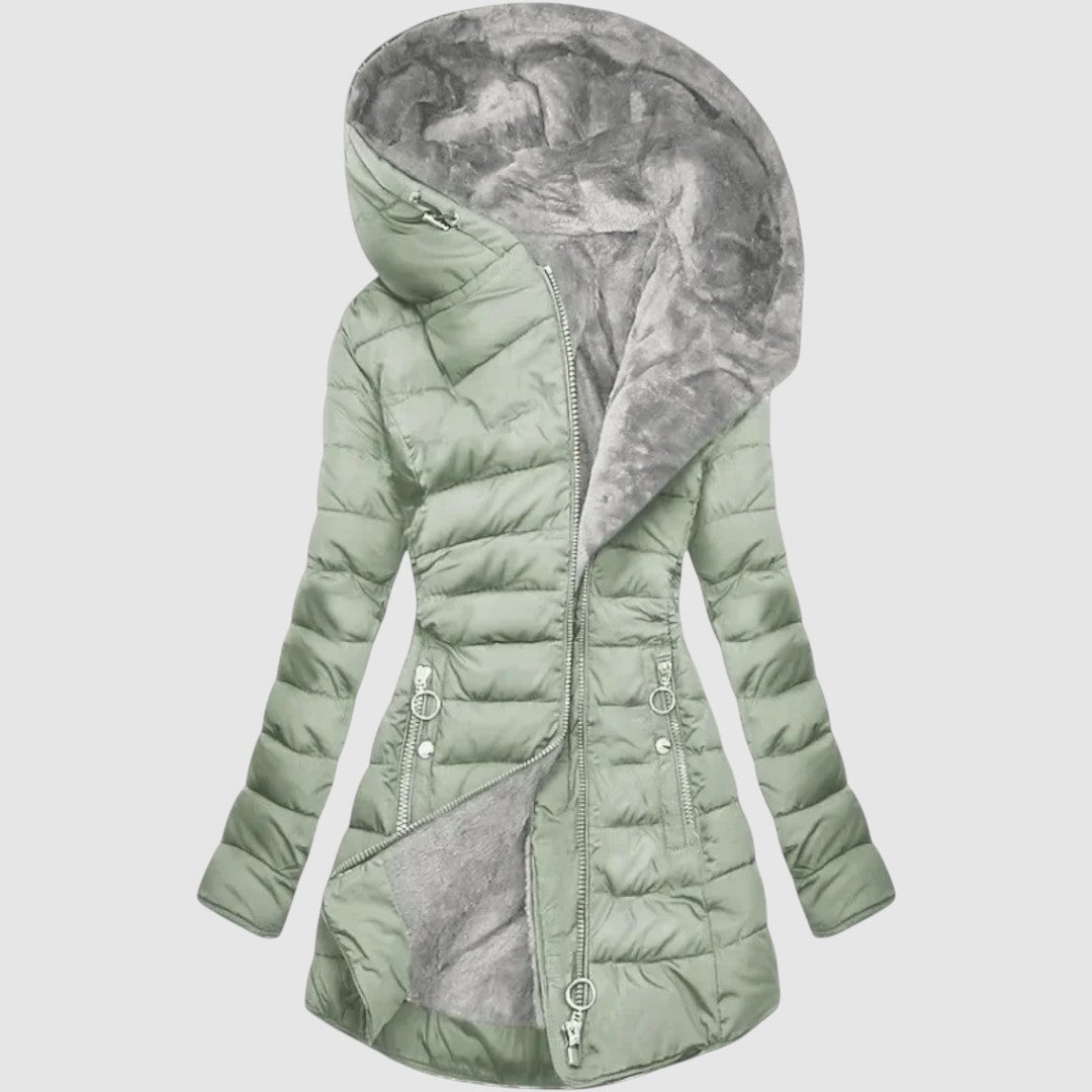 Damen Jacke Kunstfell Langarm Kapuze Steppdesign Regular Fit Winter Freizeit Elegant