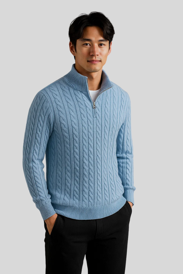 Herren Zopfstrickpullover Stehkragen Reißverschluss Langarm Slim Fit