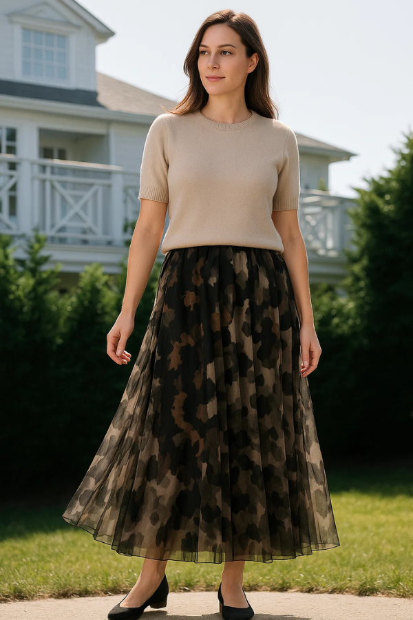 Damen Zweiteiler Regular Fit Strickoberteil mit Kurzarm Mesh-Rock Leopardenmuster A-Linie Set 2-teilig