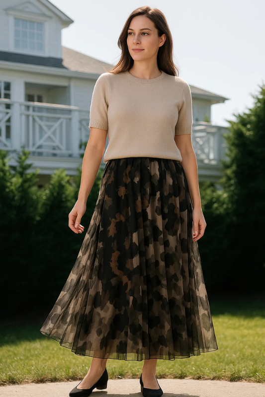 Damen Zweiteiler Regular Fit Strickoberteil mit Kurzarm Mesh-Rock Leopardenmuster A-Linie Set 2-teilig