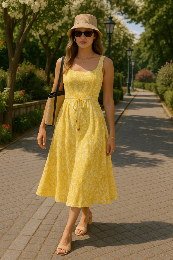 Damen Maxikleid gelb Blumenmuster Quadrat-Ausschnitt A-Linie ärmellos Bindegürtel
