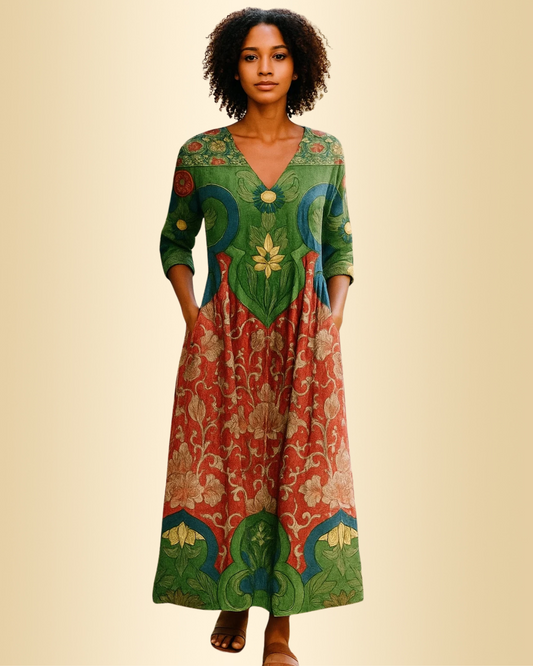 Damen Maxikleid Blumenmuster V-Ausschnitt locker Passform fließend elegant