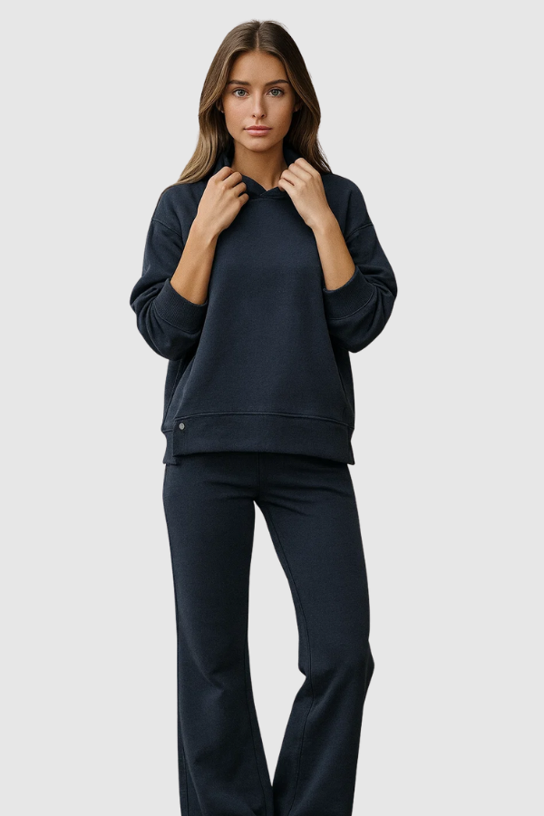 Damen Zweiteiler Regular Fit Hoodie mit Druckknopf-Saum Hose Elastischer Bund Freizeit Trainingsanzug Set 2-teilig