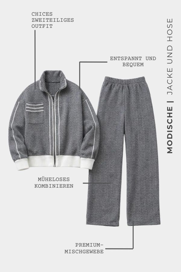 Damen Set Zweiteilig Grau Jacke Hose Regular Fit Bequem Freizeit Alltag Locker