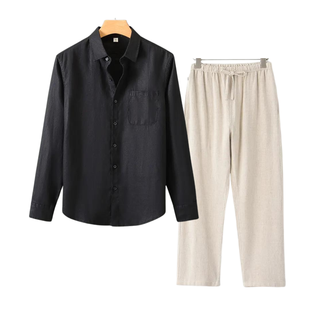 Herren Leinenhemd und Leinenhose Set Sommer Zweiteiler Freizeitanzug aus Leinen